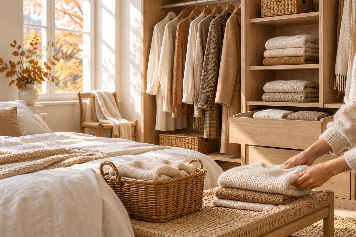 Armadio in legno con maglie e cappotti nei toni crema e cammello, mentre un maglione viene ripiegato alla luce autunnale.