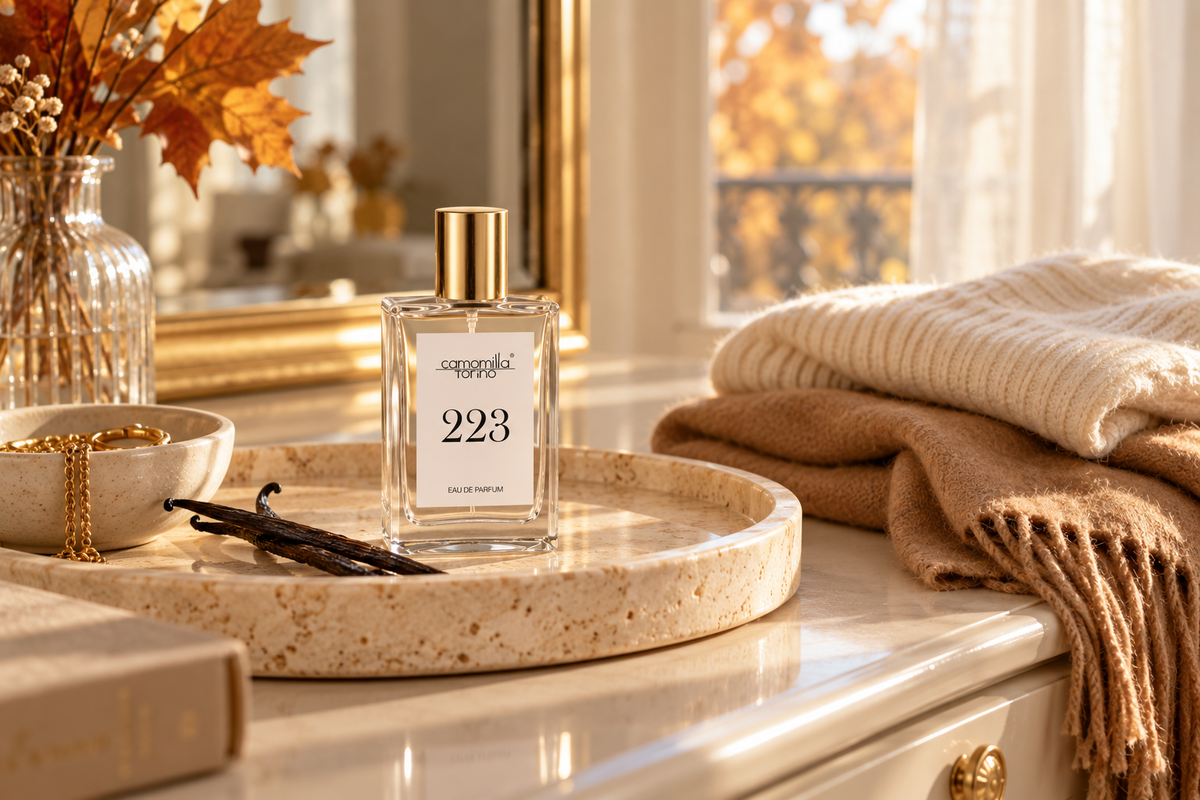 Profumo Camomilla Torino N°223 con tappo dorato su un vassoio chiaro, accanto a una sciarpa cammello e a una maglia color crema.